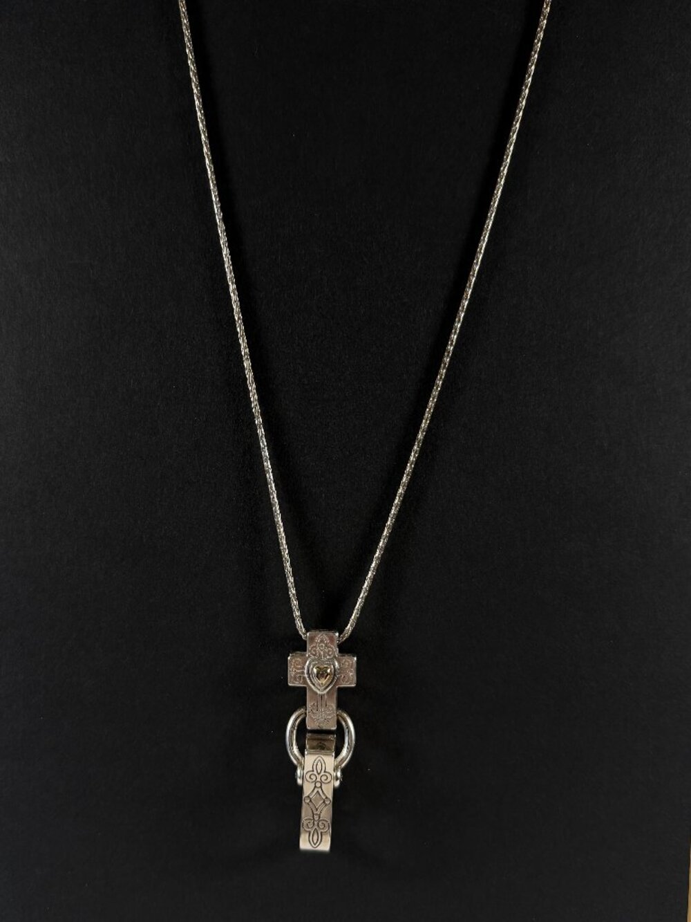 BRIGHTON Cross Heart Badge Clip Lanyard Necklace Silver Tone w/Pouch